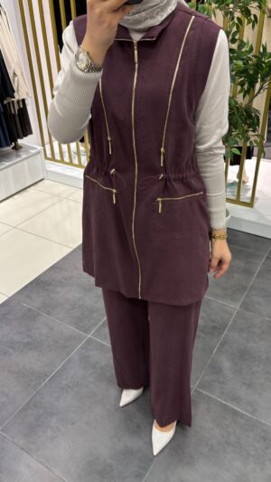 Fermuar Detaylı Yelekli Takım Bordo